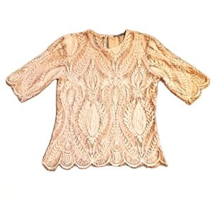 SUZY SHIER FLORAL LACE DETAIL BOHO TOP SHORT SLEEVES STRETCH PINK WOMENS SMALL